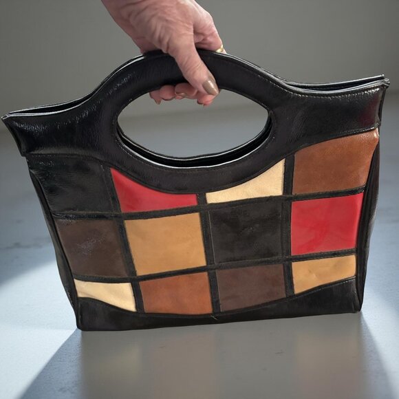 Unbranded Handbags - Vintage 60s Mod Colorblock Handbag • Faux Patent Leather Tote • Mondrian Pop Art